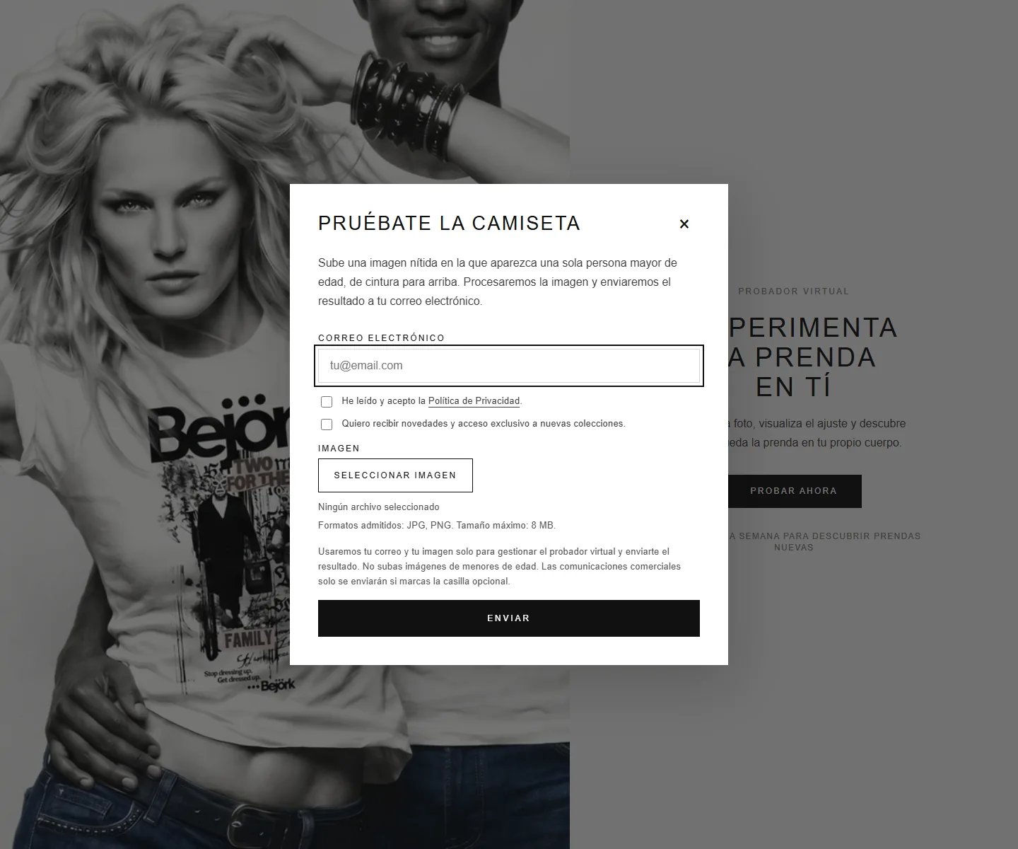 Probador virtual con IA de Bejörk con formulario y subida de imagen