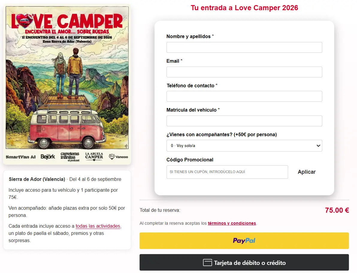 Flujo de pago y compra de entradas de Love Camper