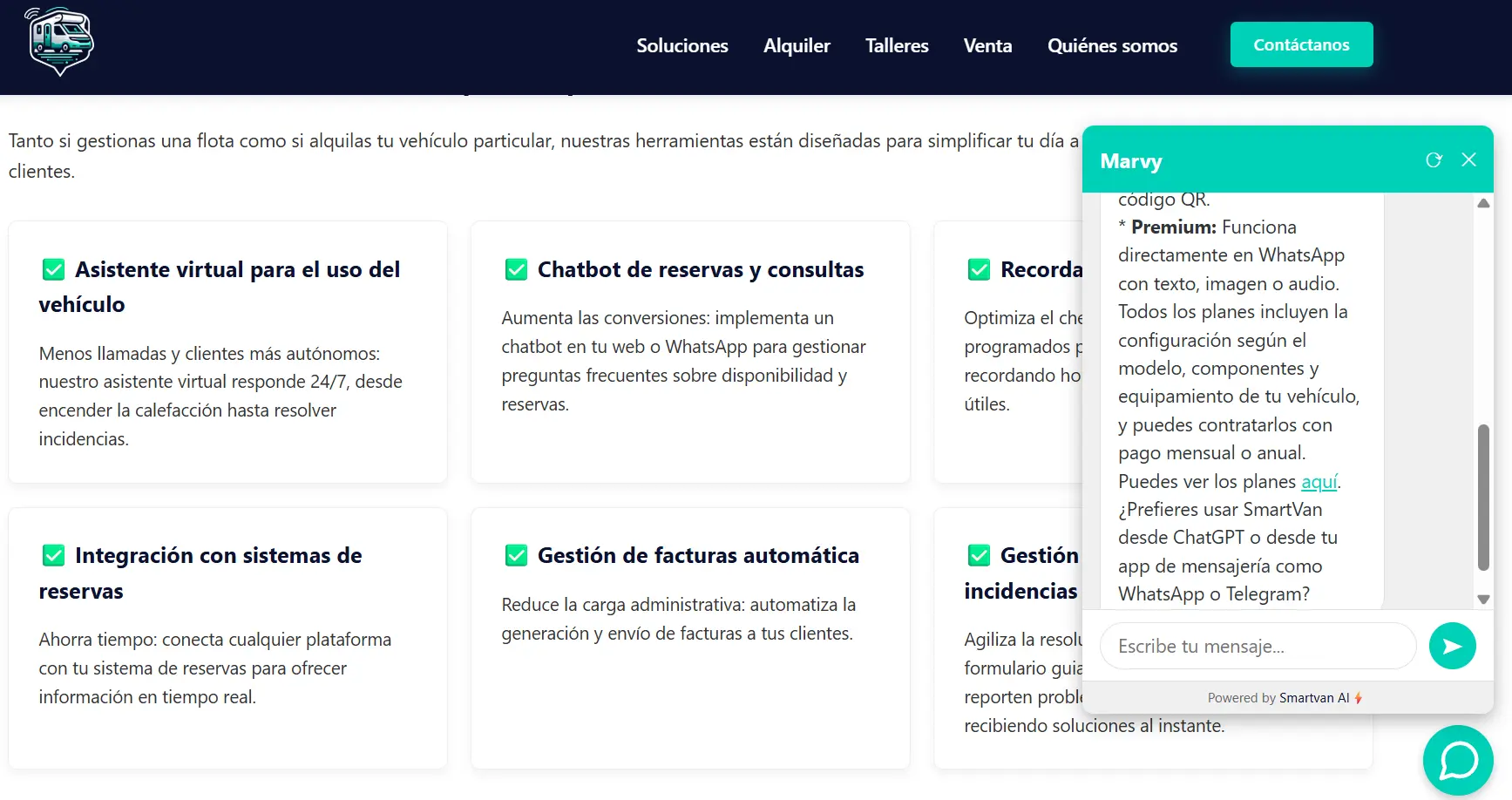 Pantalla de suscripción premium de SmartVan con selección de plan y pago