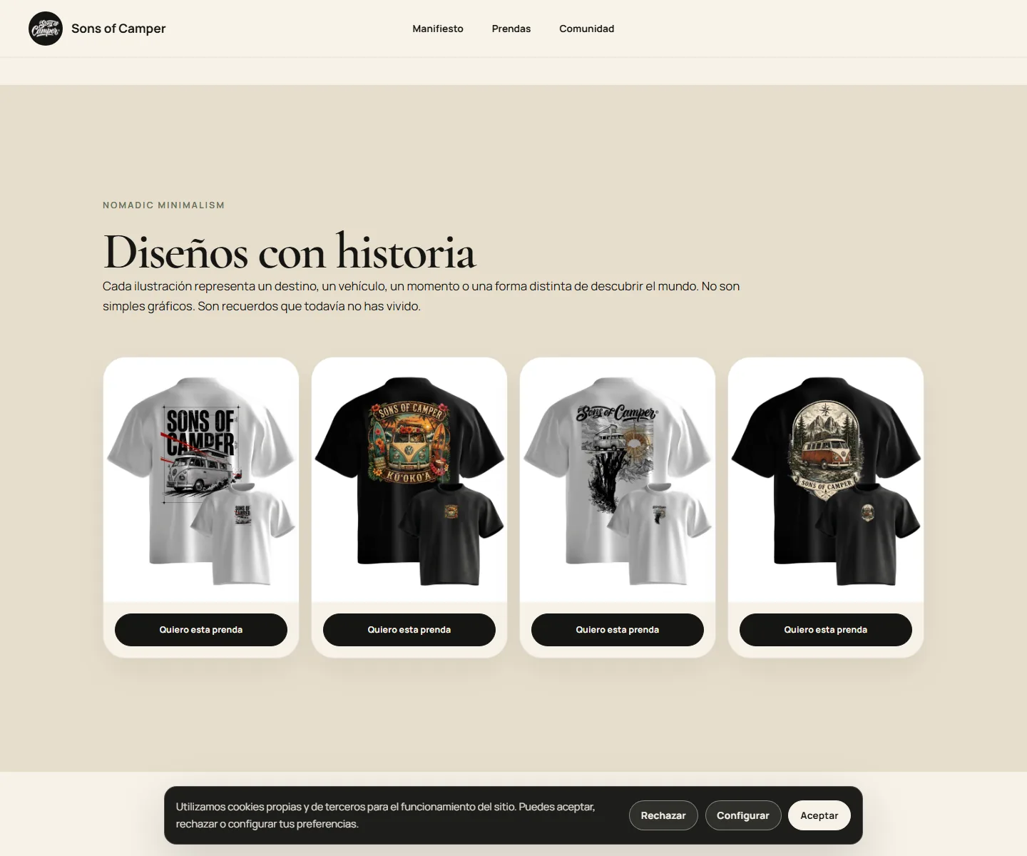 Catálogo visual de productos de Sons of Camper en una web lifestyle
